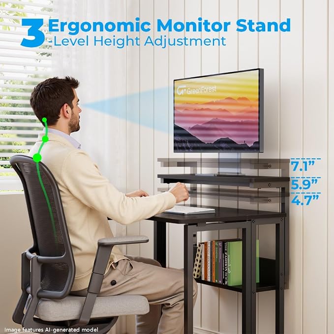 GreenForest Folding Desk with Adjustable Monitor Stand, 24.8 in Small Desk | Storage Shelf, Lockable Wheels, Portable, Space Saving, Mobile Rolling Table for Small Spaces, Home Office, Writing, Black - Image 4