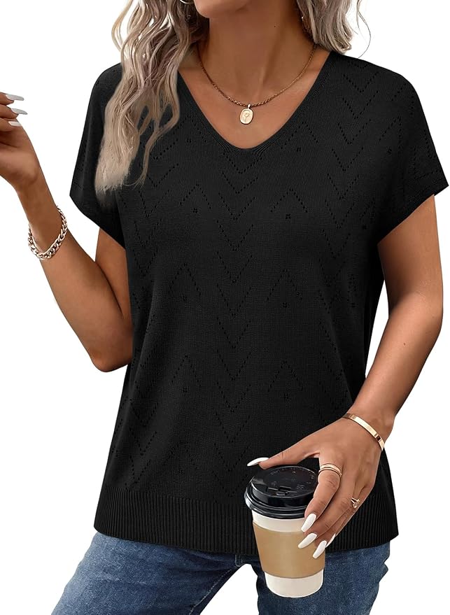WIHOLL Short Sleeve Sweater for Women V Neck Trendy Cute Tops Business Casual Outfits Cap Sleeve - Image 4