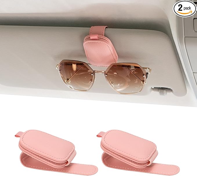 Yuoyar Sunglass Holder for Car, Magnetic Leather Sunglasses Holder and Ticket Card Clip, Car Visor Accessories, 2 Packs (Pink) by YUOYAR