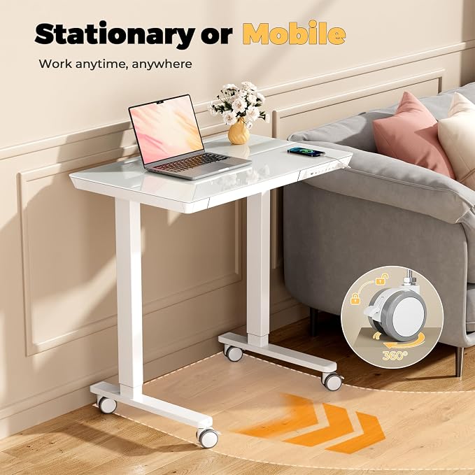32" Glass Standing Desk with Drawer, Small Electric Desk | Height Adjustable Quick Install One-Piece Tabletop with USB Charging Ports, Sit Stand Computer Desk for Compact Space, White - Image 9