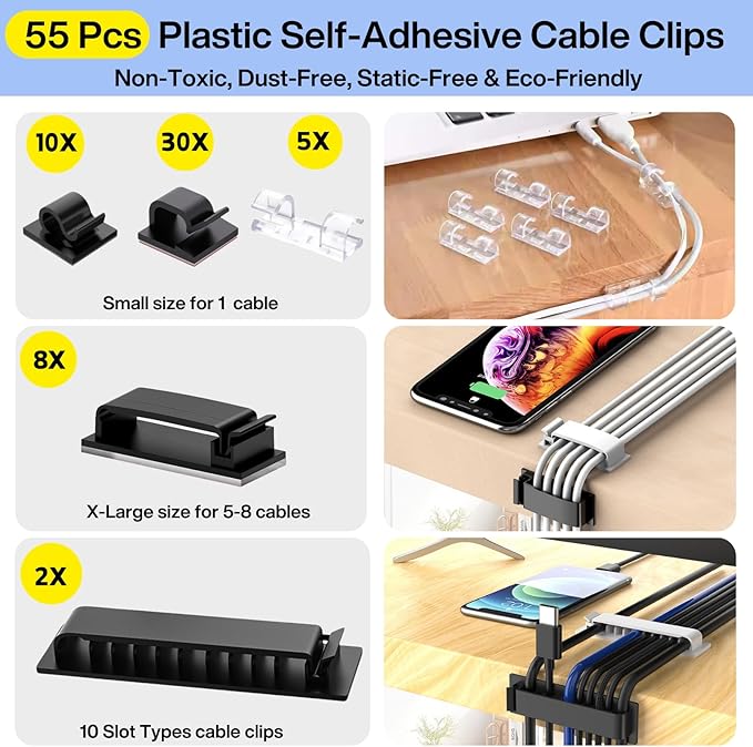 [313Pcs] Cable Management Kit, 67 Adhesive Cable Clips, Topavatop Desk Cord Organizer, 22 Reusable Cable Strap, 4 Cable Sleeve Split, 200 Nylon Cable Zip Ties with 20 Mounts for TV Office Home, Black - Image 2