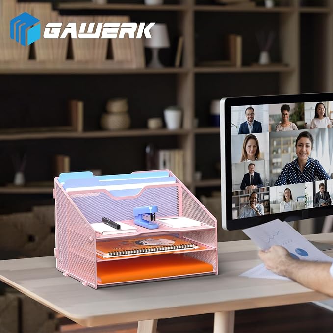 GAWERK Letter Tray Organizer, Mesh Desk File Organizer with 3 Paper Trays and 2 Vertical Upright Section (Pink) - Image 6