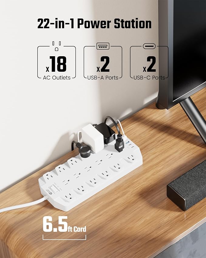 Power Strip Surge Protector, SUPERDANNY 18 Outlets with 2 USB C + 2 USB A Ports, 1875W/15A, 2100J, 6.5FT Flat Plug Heavy Duty Extension Cord with Multiple Outlets for Home, Office, Dorm, White - Image 2
