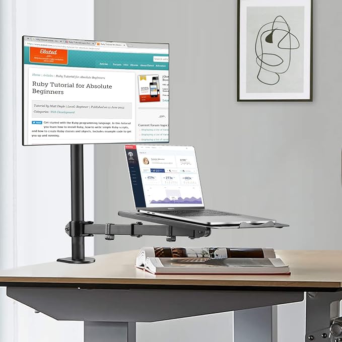 suptek Monitor and Laptop Mount Holds 13-32 inch Computer Screen, Adjustable Monitor Arm Stand with Laptop Tray for 13-27 inch, Hold 22 lbs, with Clamp and Grommet Mounting Base - Image 8