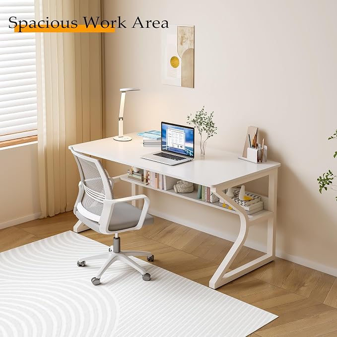 OSCHF 47.3-Inch Writing Desk with Storage Shelf, Warm White | Space-saving, Single-Person Workstation, Modern Study Gaming Computer Desk, Suitable for Home Office, Bedroom and Dorms - Image 3