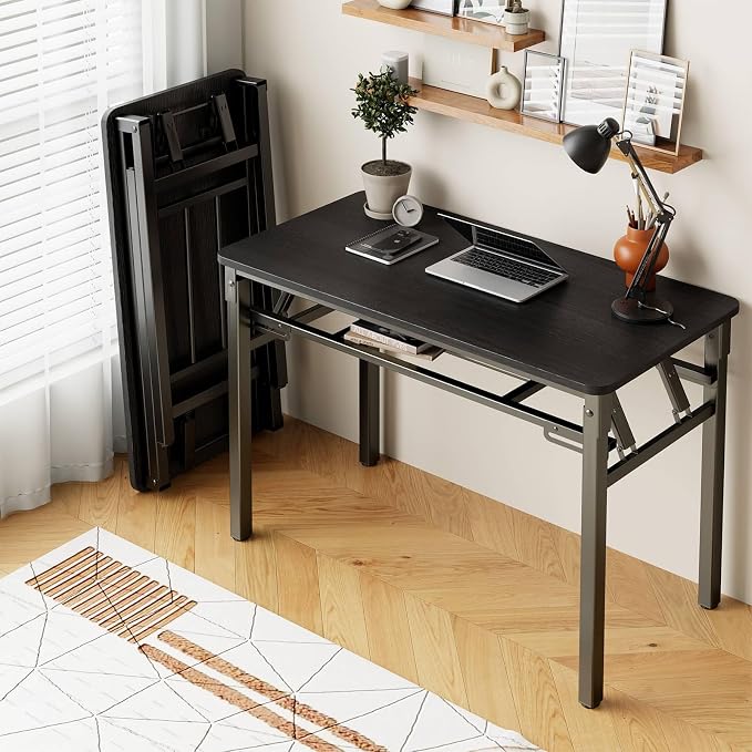 BYMECOST 31.5 inches Folding Desk Small Desk, No Assembly Computer Desk with Storage Shelf, No Install Small Foldable Table for Home Office,Study Table for Small Space (Black, 31.5") by BYMECOST