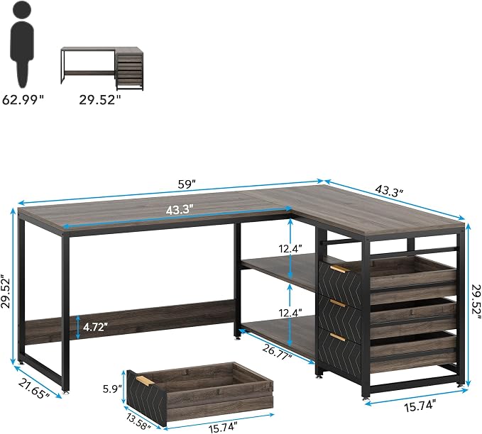 Tribesigns L Shaped Computer Desk with Storage Drawers, 59 inch Corner Desk with Shelves, Reversible L-Shaped Office Desk Writing Table Workstation for Home Office, Grey - Image 2