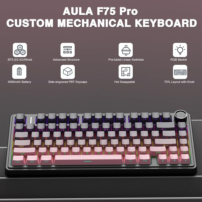 AULA F75 Pro Wireless Mechanical Keyboard,75% Hot Swappable Custom Keyboard,RGB Backlit,Pre-lubed Reaper Switches,Side Printed PBT Keycaps Mechanical Gaming Keyboards, Pink&Black - Image 2