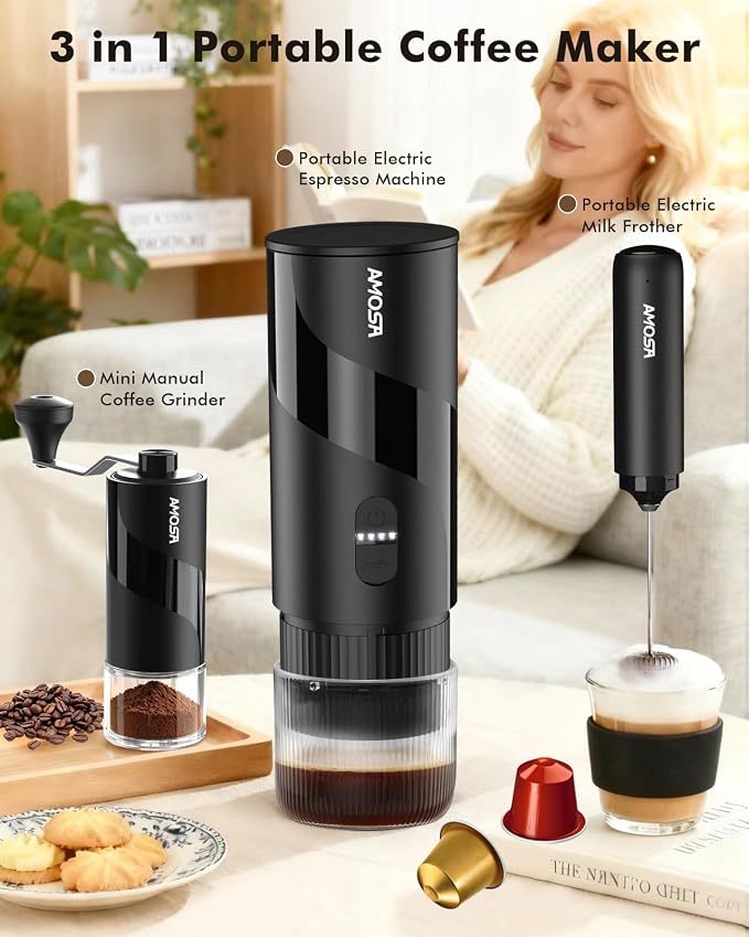 All in 1 Portable Electric Espresso Machine & Coffee Grinder & Milk Frother | Mini Compact Travel Coffee Maker Set for Ground Coffee & NS Capsules，Ideal for Camping, Car, RV, Hiking, Office, Home, Gift - Image 4