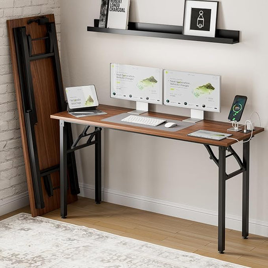 Frylr Small Folding Computer Desk – 55.1 Inch Portable Table for Craft and Study, Lightweight Desk for Small Spaces, Foldable Laptop Table Built-in AC/USB Outlets for Convenience, Dark Walnut by Frylr