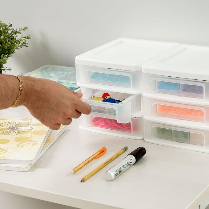 IRIS USA 2-Pack, 3-Drawer Small Plastic Stacking Desktop Organizer, White | Organize office supplies, stationery, makeup, craft materials and everyday essentials for neat desktop storage - Image 6