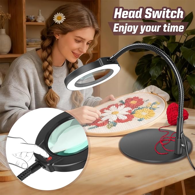 10X Magnifying Glass with Light and Stand, 16.5in Flexible Goose-Neck, 5 Color Modes Stepless Dimmable LED Lighted Desk Lamp, Hands Free Magnifier for Crafting Hobby Painting Close Work - Black - Image 5