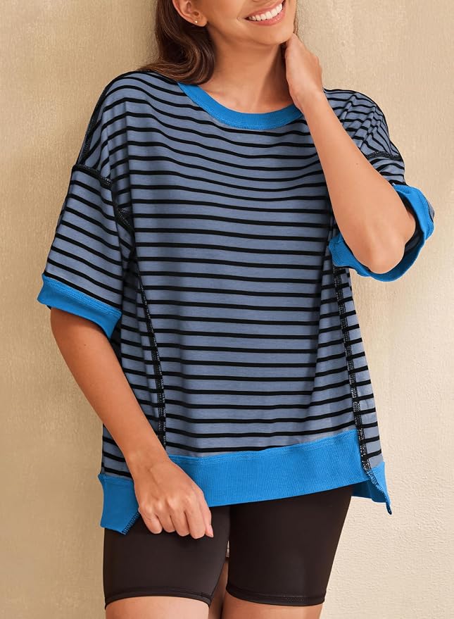 SHEWIN Womens Tops Casual Short Sleeve Sweatshirt Crewneck Striped Shirt Pullover T Shirts Loose Blouses - Image 3