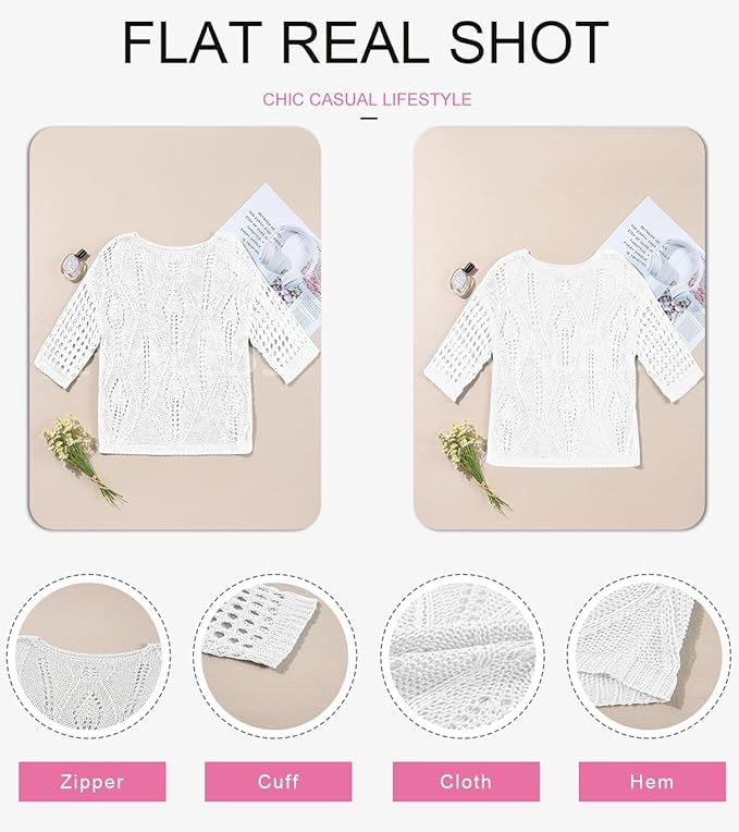 EVALESS Womens Crochet Hollow Out Knit Tops Half Sleeve Spring Summer Sweaters Beach Cover Ups for Women Trendy 2026 - Image 5
