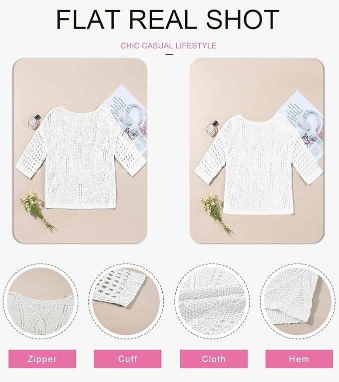 EVALESS Womens Crochet Hollow Out Knit Tops Half Sleeve Spring Summer Sweaters Beach Cover Ups for Women Trendy 2026 - Image 5