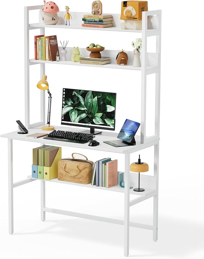Aquzee Computer Desk with Hutch, 40“W x 19.6" D Desk with Shelves, Tall Home Office Desk with Bookshelf, Metal Legs Study Table with Upper Storage Shelf for Study Writing/Workstation, White by Aquzee