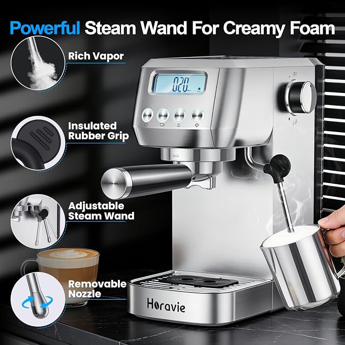 Horavie Ultra Espresso Machine with LCD Display, Espresso Maker with Powerful Milk Frother, Customizable Brewing Temperature, Professional Cappuccino & Latte Machine, Gift for Men & Women - Image 5