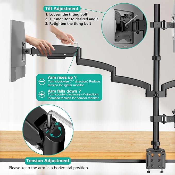 WALI Quad Monitor Mount for 13-27 inch Screens, Extra Tall 4 Monitors Desk Mount, up to 19.8lbs, 32.2 inch Height Max, Fully Adjustable 4 Monitor Arms, VESA 75/100mm (GSDM004S), Black - Image 5
