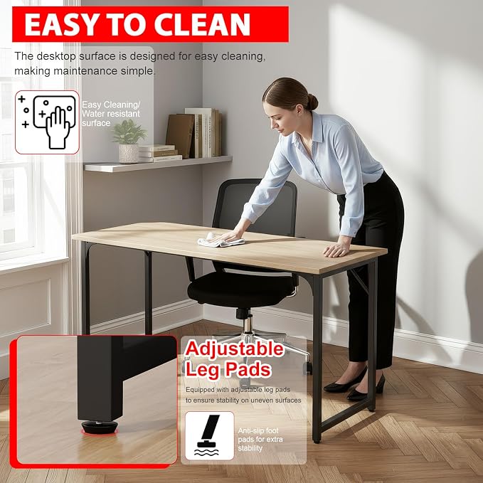 PayLessHere | 55 Inch Computer Desk | Nature | Office Desk with Metal Frame, Adjustable Feet | Water-Resistant, Scratchproof Surface | Sturdy Writing Table for Home Office or Study | Pack of 1 - Image 7