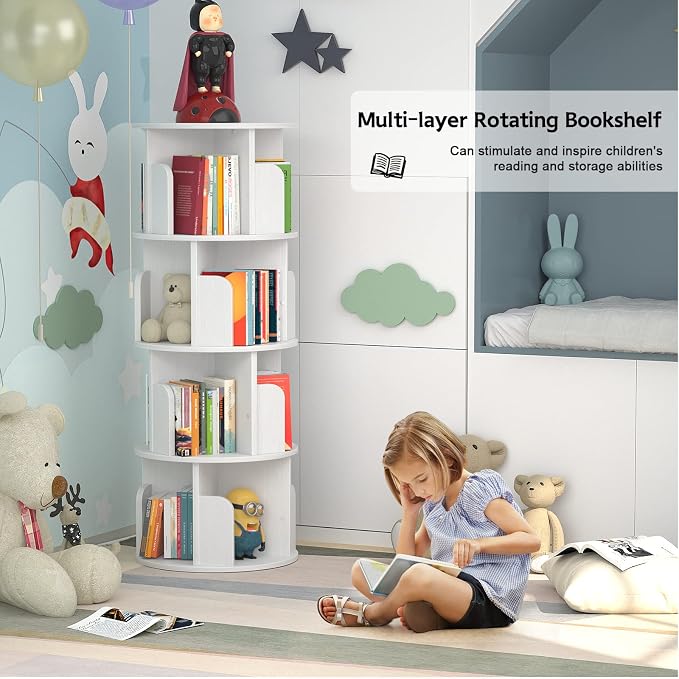 Aheaplus Rotating Bookshelf, Small Corner Bookshelf for Small Space, 360 Display 4 Tier Floor Standing Bookcase Storage Rack, Wood Narrow Book Shelf Organizer for Bedroom, Living Room, White - Image 6