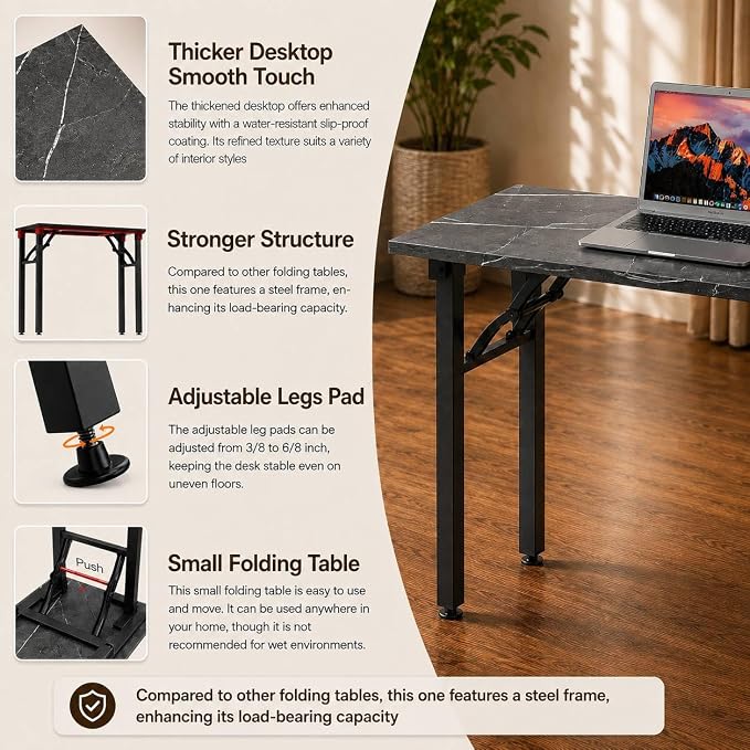 Folding Table Computer Desk - 35.8" No Assembly Folding Desk Design and Foldable Office Desk, Small Desk for Bedroom, Compact Storage Portable Use for Dorm and RV Small Space, Marble Greige - Image 7