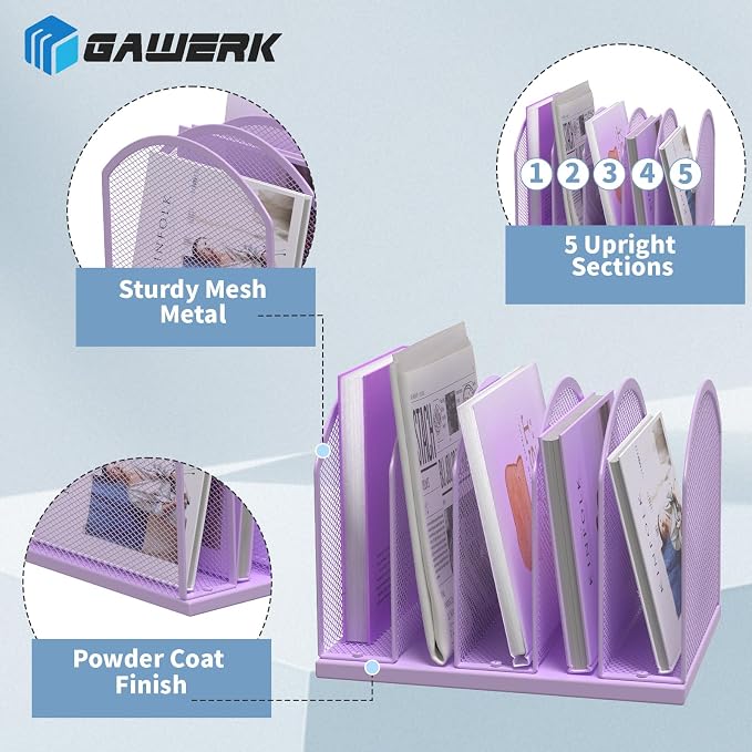 Gawerk 5-Section Vertical Desktop Organizer, 6-Section Mesh File Folder Stand Sorter for Office Home Classroom Organization - Image 3