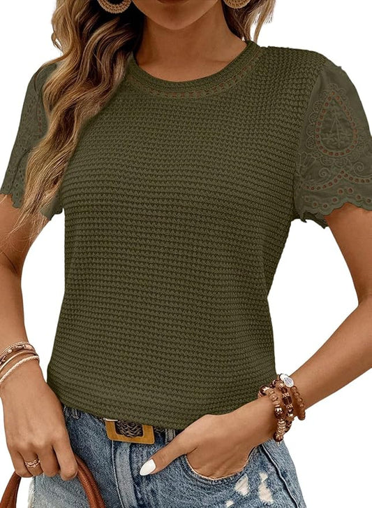 SHEWIN Womens Frenchy Summer Tops Crewneck Short Sleeve T Shirts Casual Waffle Knit Jacquard Blouses Top Shirts by SHEWINBeYourFashionStylist