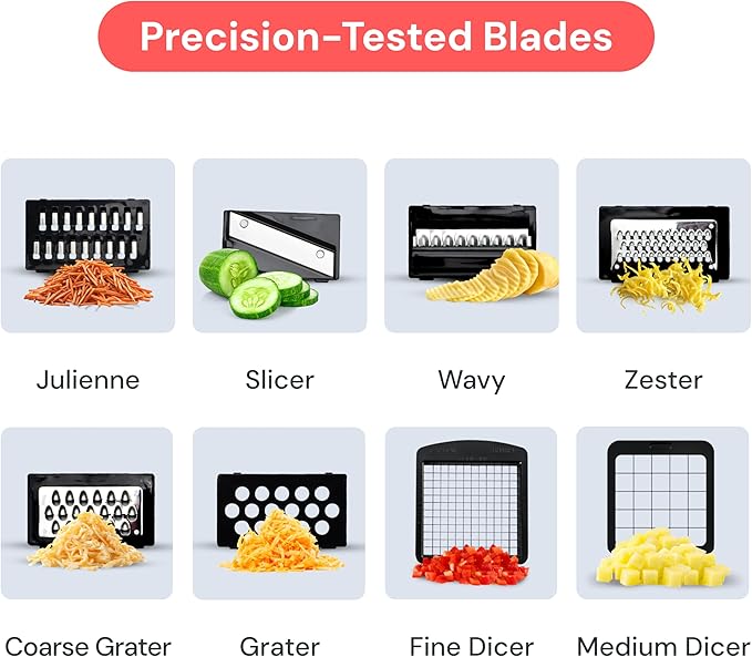 Fullstar Pro Original Vegetable Chopper & Mandoline Slicer Kitchen Gadget | 8 in 1 Veggie Slicer, Onion & Fruit Cutter with Sharp Stainless Steel Blades & Container (Stainless Steel) - Image 4