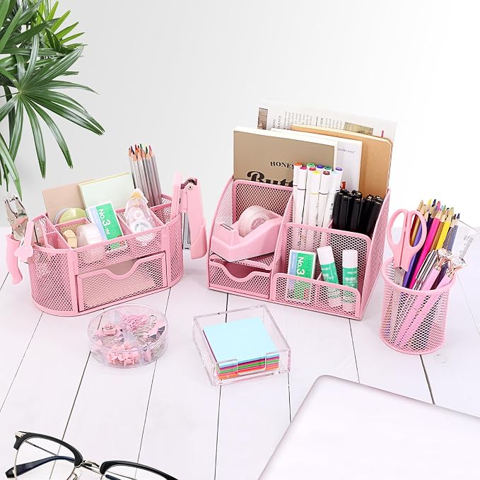 17 in 1 Pink Desk Organizers and Accessories Set, 3 Office Desk Supplies Storage Organization, 4 Pens, Stapler, Staples & Remover, Tape & Dispenser, Scissors, Ruler, Clips, Hole Punch, Back to School - Image 6