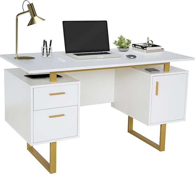 Techni Mobili Storage Drawers and Cabinet 51.25” W-Modern Office Large Floating Desktop Surface Desk, 23.6" D x 51.2" W x 29.8" H, White/Gold | Home office workstation, durable construction, everyday productivity, Ideal for home office, Workspace organ... by TechniMobili