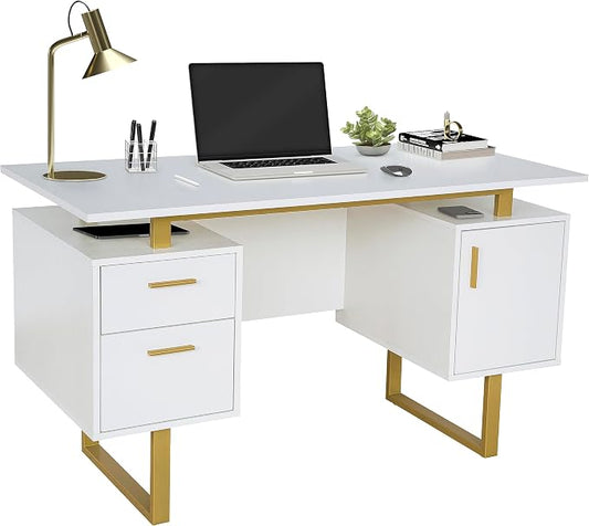 Techni Mobili Storage Drawers and Cabinet 51.25” W-Modern Office Large Floating Desktop Surface Desk, 23.6" D x 51.2" W x 29.8" H, White/Gold | Home office workstation, durable construction, everyday productivity, Ideal for home office, Workspace organ... by TechniMobili