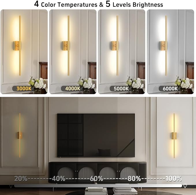 iThird 1 Pack Battery Operated Wall Sconce, Wireless Battery Wall Sconce with Remote Control, Gold LED Rechargeable Sconces, 31.5 Inch Modern Cordless Wall Lights for Bedroom Living Room Picture - Image 5