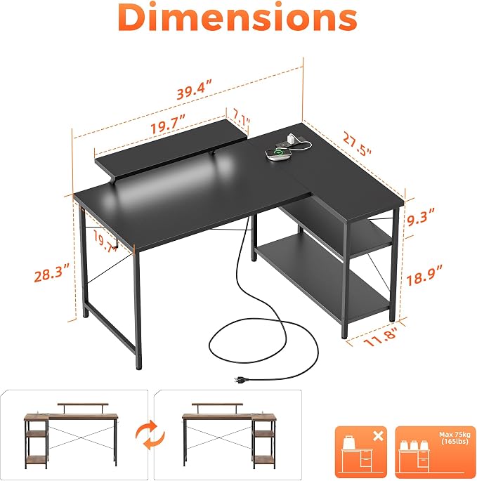 Mericonia 40 in Corner Desk with Monitor Stand, Small L Shaped Gaming Desk | Reversible Computer Desk with Power Outlets, LED Light & Storage Shelves, Office Table for Home Bedroom Study Work Writing - Image 2