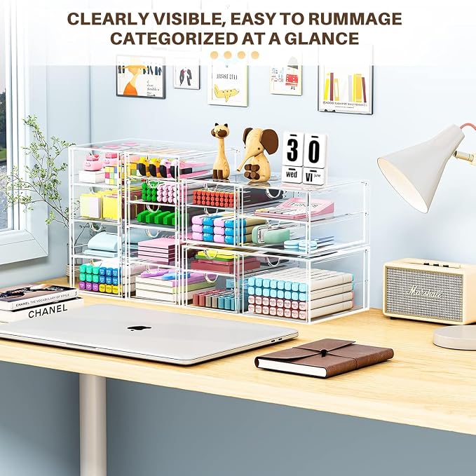 caktraie 4-Pack Acrylic 16-Drawer Storage & Makeup Organizer for Desk | Smooth-glide drawers, clear acrylic, stackable, dustproof, wipe clean, for office supplies, pens, jewelry, makeup - Image 4