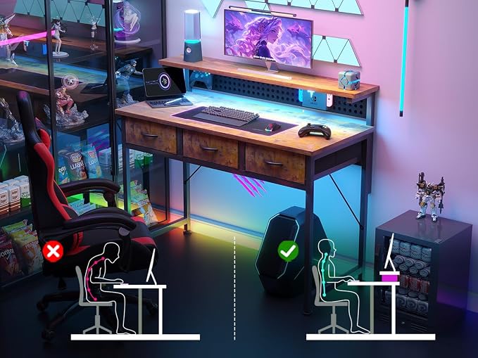 MUTUN Computer Desk with Drawers, 40 Inch Computer Desk with Power Outlet & LED Light, Gaming Desk with Adjustable Monitor Stand & Pegboard, Modern PC Study Writing Table for Bedroom, Rustic Brown - Image 6