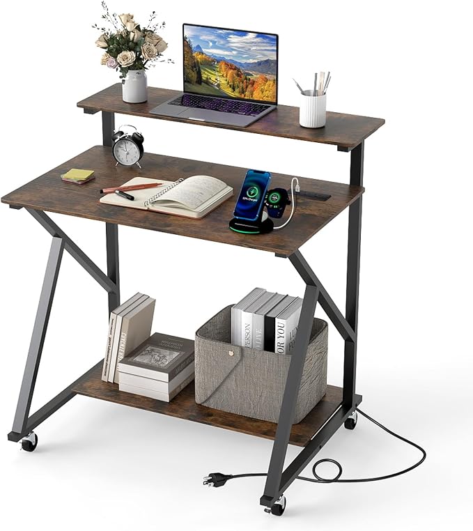 Giantex Rolling Small Desk with Storage, Compact Computer Desk for Small Spaces with Charging Station, Monitor Stand, Lockable Wheels, Study Writing Desk for Home Office, Bedroom (Rustic Brown) by Giantex