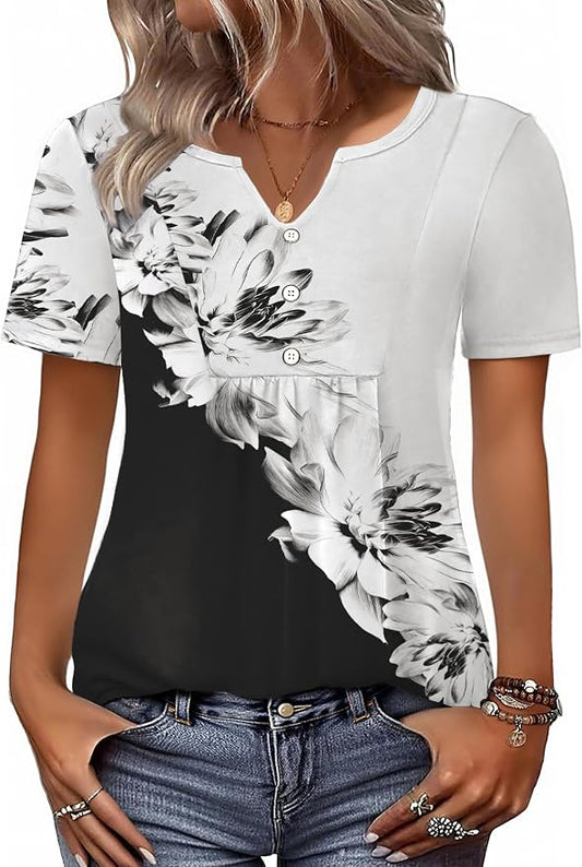 Zeagoo Womens Short Sleeve Tops Summer Henley V-Neck Tshirts Casual Pleated Blouse Dressy Loose Floral Basic Tee by Zeagoo