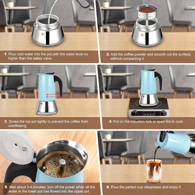 2 Cup Stovetop Espresso Maker Stainless Steel Moka Pot Stove Top Percolator Italian Coffee Makers Capable Mocha Greca Machine Cafe Classic Induction Cookers for Home and Camping 100ml 3.3oz - Image 9