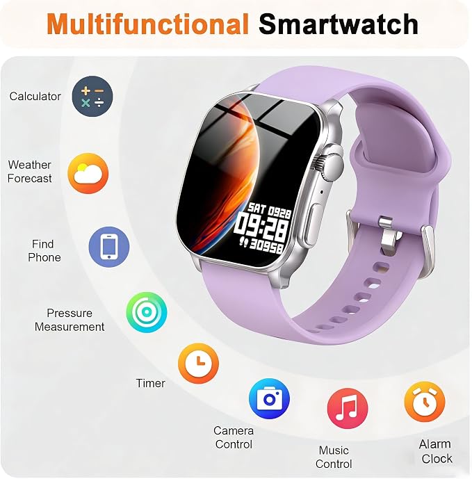 Smart Watch, 2.01" AMOLED Curved HD Full Touch Screen, Compatible with iOS & Android for Daily Workout Business Gift, Fitness Tracker with 24/7 Heart Rate/Sleep Monitor, IP68 Waterproof Watch Purple - Image 3