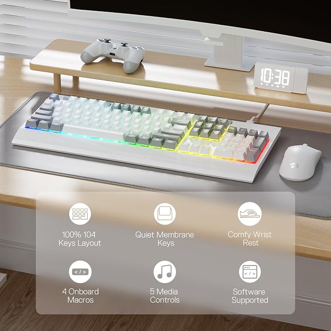 Redragon K525 RGB Backlit 104 Keys Wired Membrane Gaming Keyboard w/ 5 Multimedia Keys & 4 Extra On-Board Macro Keys, Dedicated Media Control, Ergonomic Wrist Rest, Linear Mechanical-Feel Switch - Image 2
