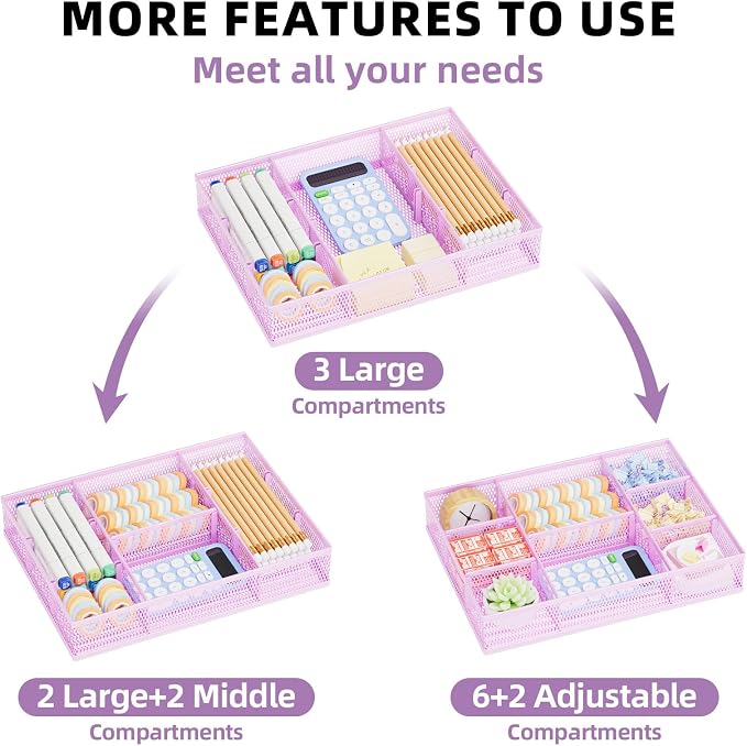 Marbrasse 2 Pack Desk Drawer Organizer, Mesh Drawer Organizer Tray with 8 Adjustable Compartments, Desk Organizers and Accessories, 5 Dividers Drawer for Office Supplies, Makeup & Vanity (Purple) - Image 4