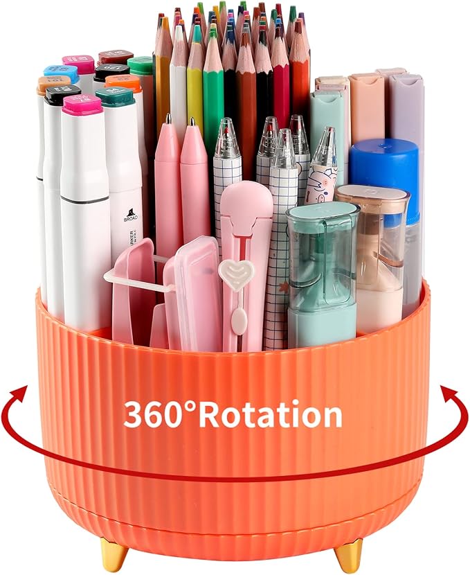 Desk Pencil Pen Holder, 5 Slots 360°Degree Rotating Pen Organizers for Desk, Desktop Storage Stationery Supplies Organizer, Cute Pencil Cup Pot for Office, School, Home, Art Supply, Orange by EDENMS