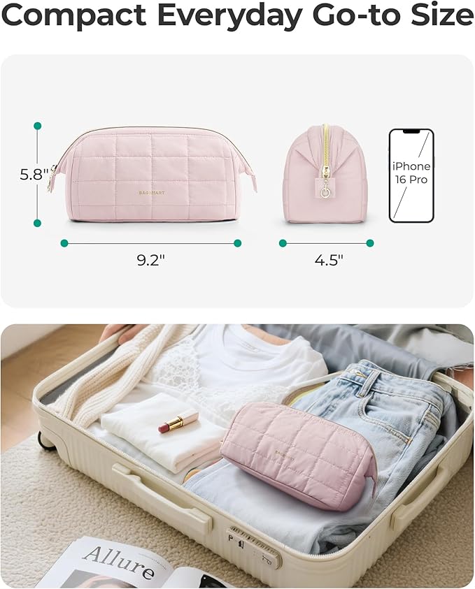 BAGSMART Makeup Bag Travel Toiletry Bag, Puffy Padded Make Up Bags for Women Makeup Organizer Case, Wide-open Pouch Purse Travel Essentials Toiletries Accessories Brushes, Strip Khaki Brown - Image 5
