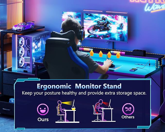 AODK 63 inch Gaming Desk with PC Display Stand, Reversible Steel Wood Computer Desk for Gaming Setup, Tiered Design to Show Off Your PC Tower & Accessories, Black - Image 7