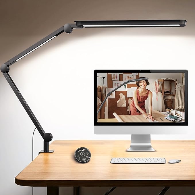 LED Desk Lamp with Clamp, Architect Desk Lamp with Remote, Flexible Swing Arm Desk Light with Dual LED Light, Stepless Dimming, 5 Color Mode & 4 Brightness for Sewing Painting Drafting Crafting by SUNLINKCO