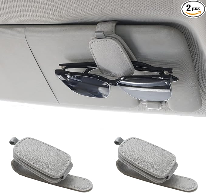 Yuoyar Magnetic Leather Sunglasses Holder for Car, 2 Packs (Silver Grey) | Magnetic Car Visor Accessories by YUOYAR
