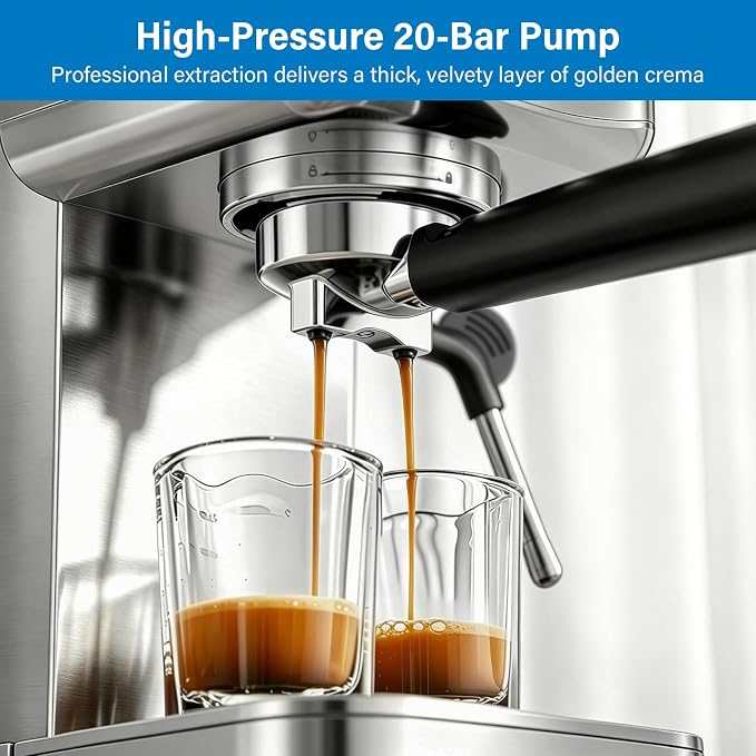 XIXUBX Cold Brew Espresso Maker with Steam Wand for Home & Office | Precise Pressure Gauge, 20 Bar Pump, 42 oz Water Tank, Milk Frothing Pitcher for Cappuccino & Latte, Brushed Stainless Steel - Image 4