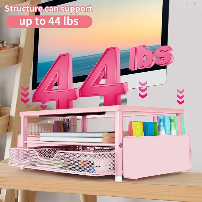 AUPSEN Pink Desk Organizers and Accessories, 2-Tier Wood Computer Monitor Stand with Drawer, Pen Storage & Phone Holder, Office Desk Accessories, Workspace Desktop Organization for Office Supplies - Image 5