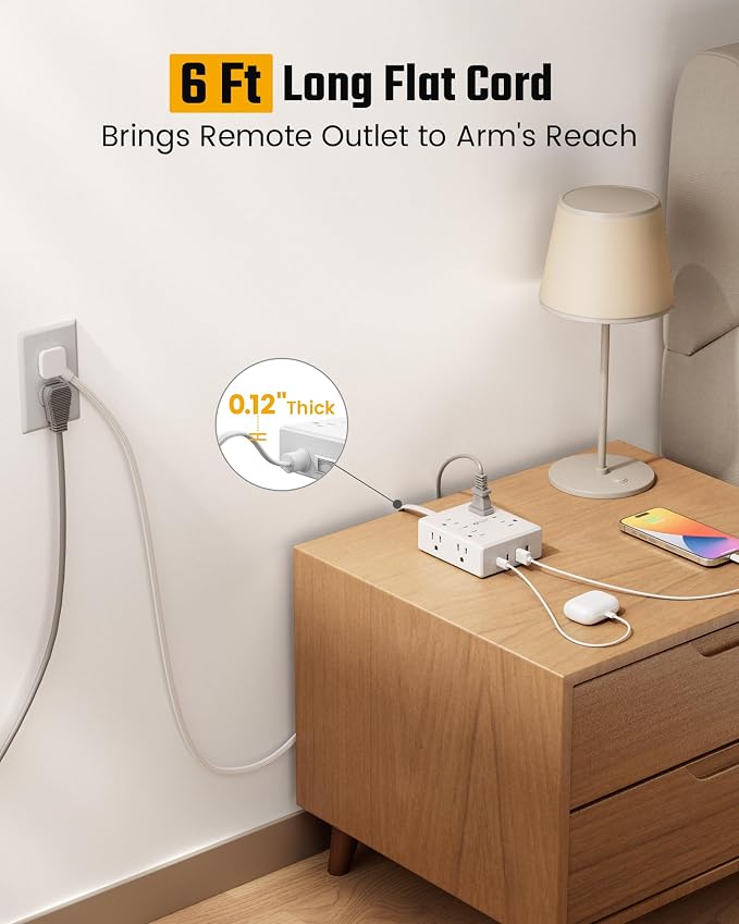 SUPERDANNY Extension Cord,Flat Plug Surge Protector Power Strip,6Ft | 8 AC & 4 USB Ports (2 USB C),Surge Protector with 1050J,Desk Charging Station for Home Office,College Dorm Room Essentials - Image 2