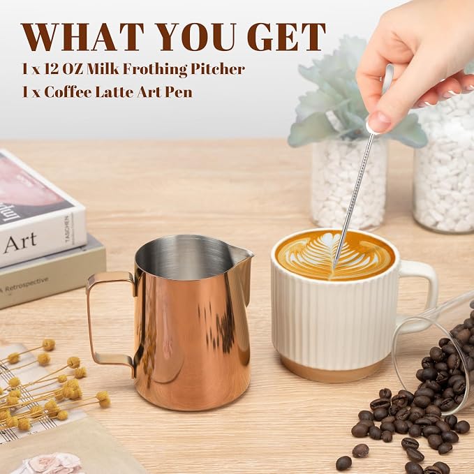 Amrules Milk Frothing Pitcher, 12 oz Milk Frother Cup with Clear Scale, 304 Stainless Steel Cappuccino Espresso Machine Accessories for Barista Coffee Bar with Latte Art Pen, Rose Gold - Image 3